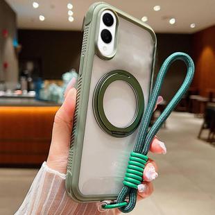 For Samsung Galaxy S25 Edge 5G Solid Color Edge Transparency Rotation Holder MagSafe Phone Case with Wrist Strap(Army Green)