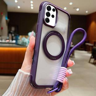 For Samsung Galaxy S25 Ultra / S24 Ultra 5G Solid Color Edge Transparency Rotation Holder MagSafe Phone Case with Wrist Strap(Dark Purple)
