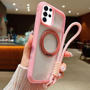 For Samsung Galaxy S25 Ultra / S24 Ultra 5G Solid Color Edge Transparency Rotation Holder MagSafe Phone Case with Wrist Strap(Pink)