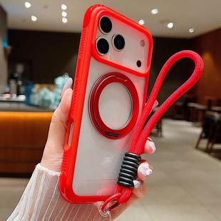 For iPhone 17 Pro Max Solid Color Edge Transparency Rotation Holder MagSafe Phone Case with Wrist Strap(Red)
