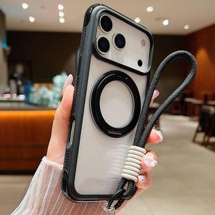 For iPhone 17 Pro Max Solid Color Edge Transparency Rotation Holder MagSafe Phone Case with Wrist Strap(Black)