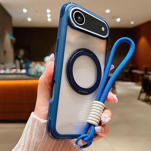 For iPhone 17 Air Solid Color Edge Transparency Rotation Holder MagSafe Phone Case with Wrist Strap(Royal Blue)