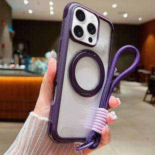 For iPhone 16 Pro Max Solid Color Edge Transparency Rotation Holder MagSafe Phone Case with Wrist Strap(Dark Purple)
