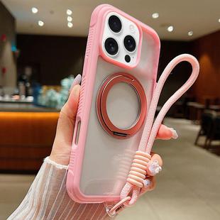 For iPhone 16 Pro Max Solid Color Edge Transparency Rotation Holder MagSafe Phone Case with Wrist Strap(Pink)