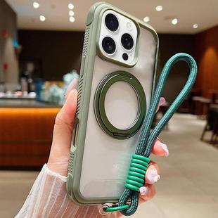 For iPhone 16 Pro Max Solid Color Edge Transparency Rotation Holder MagSafe Phone Case with Wrist Strap(Army Green)