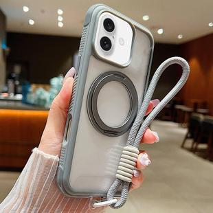 For iPhone 16 Plus Solid Color Edge Transparency Rotation Holder MagSafe Phone Case with Wrist Strap(Grey)