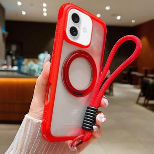 For iPhone 16 Plus Solid Color Edge Transparency Rotation Holder MagSafe Phone Case with Wrist Strap(Red)