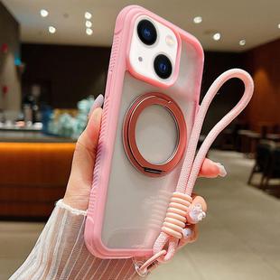 For iPhone 15 / 14 / 13 Solid Color Edge Transparency Rotation Holder MagSafe Phone Case with Wrist Strap(Pink)