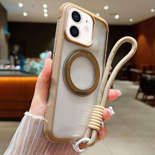 For iPhone 12 / 12 Pro Solid Color Edge Transparency Rotation Holder MagSafe Phone Case with Wrist Strap(Brown)