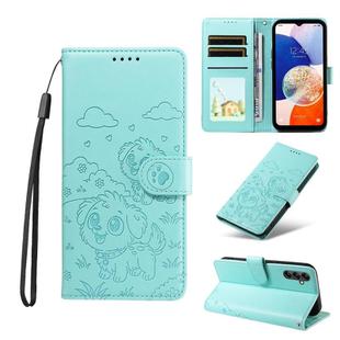 For Samsung Galaxy A14 4G / 5G Embossed Heart Dog RFID Blocking Wallet Leather Phone Case(Green)