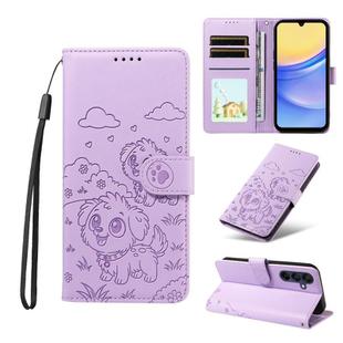 For Samsung Galaxy A15 4G / 5G Embossed Heart Dog RFID Blocking Wallet Leather Phone Case(Purple)
