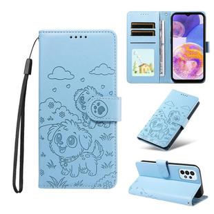 For Samsung Galaxy A23 4G / 5G Embossed Heart Dog RFID Blocking Wallet Leather Phone Case(Sky Blue)