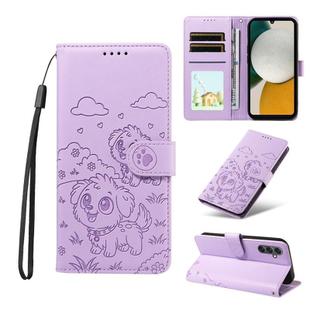 For Samsung Galaxy A34 5G Embossed Heart Dog RFID Blocking Wallet Leather Phone Case(Purple)