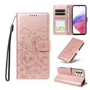 For Samsung Galaxy A53 5G Embossed Heart Dog RFID Blocking Wallet Leather Phone Case(Rose Gold)