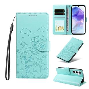 For Samsung Galaxy A55 5G Embossed Heart Dog RFID Blocking Wallet Leather Phone Case(Green)