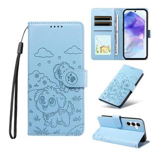 For Samsung Galaxy A55 5G Embossed Heart Dog RFID Blocking Wallet Leather Phone Case(Sky Blue)