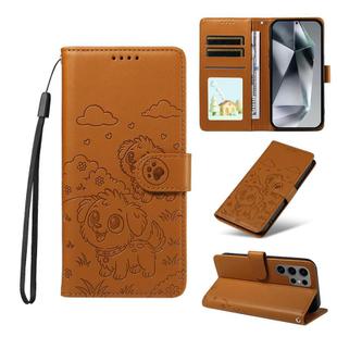 For Samsung Galaxy S24 Ultra 5G Embossed Heart Dog RFID Blocking Wallet Leather Phone Case(Brown)