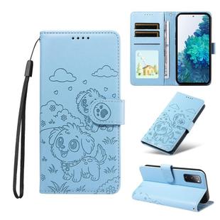 For Samsung Galaxy S20 FE Embossed Heart Dog RFID Blocking Wallet Leather Phone Case(Sky Blue)