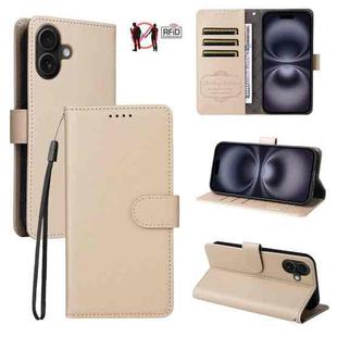 For iPhone 16 Plus Litchi Texture RFID Blocking 3-Card Wallet Leather Phone Case(Beige)