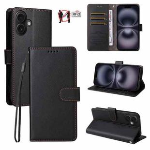 For iPhone 16 Litchi Texture RFID Blocking 3-Card Wallet Leather Phone Case(Black)