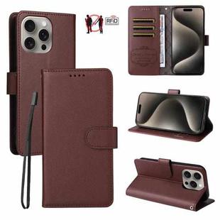 For iPhone 15 Pro Max Litchi Texture RFID Blocking 3-Card Wallet Leather Phone Case(Brown)