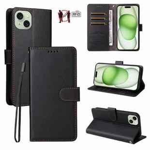 For iPhone 15 Litchi Texture RFID Blocking 3-Card Wallet Leather Phone Case(Black)