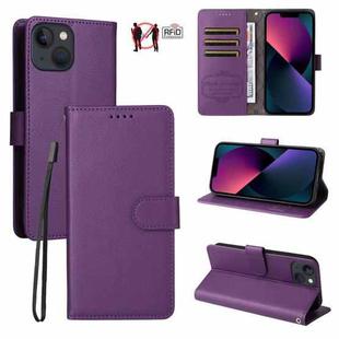 For iPhone 13 mini Litchi Texture RFID Blocking 3-Card Wallet Leather Phone Case(Purple)