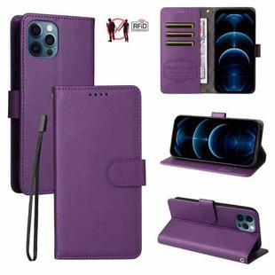 For iPhone 12 Pro Max Litchi Texture RFID Blocking 3-Card Wallet Leather Phone Case(Purple)