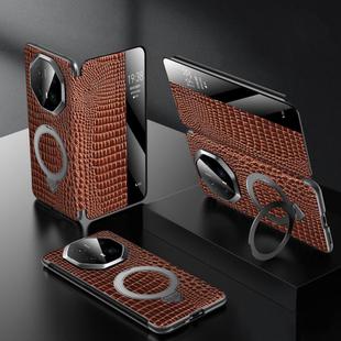 For Huawei Mate 70 RS Ultimate SULADA Crocodile Texture Cowhide MagSafe Holder Smart Window Phone Case(Brown)