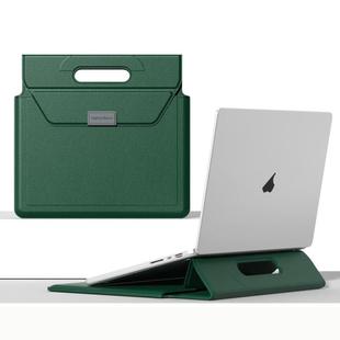 For 13 / 14 inch Handle Portable Laptop Briefcase PU Leather Laptop Sleeve with Foldable Stand(Dark Green)