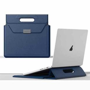 For 13 / 14 inch Handle Portable Laptop Briefcase PU Leather Laptop Sleeve with Foldable Stand(Dark Blue)