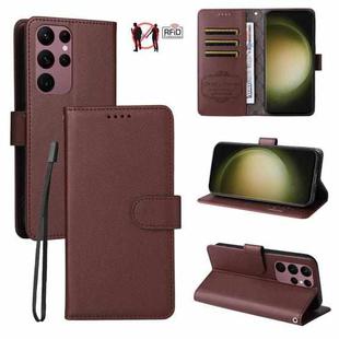 For Samsung Galaxy S23 Ultra 5G Litchi Texture RFID Blocking 3-Card Wallet Leather Phone Case(Brown)