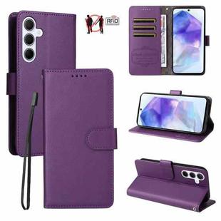 For Samsung Galaxy A55 5G Litchi Texture RFID Blocking 3-Card Wallet Leather Phone Case(Purple)