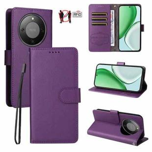 For Honor X70 5G Litchi Texture RFID Blocking 3-Card Wallet Leather Phone Case(Purple)