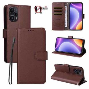For Redmi Note 12 Turbo / Poco F5 Litchi Texture RFID Blocking 3-Card Wallet Leather Phone Case(Brown)