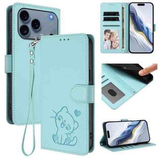 For iPhone 17 Pro Max Embossed Heart Cat Leather Phone Case with Strap(Mint Green)
