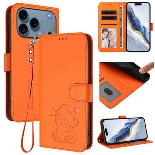 For iPhone 17 Pro Max Embossed Heart Cat Leather Phone Case with Strap(Orange)