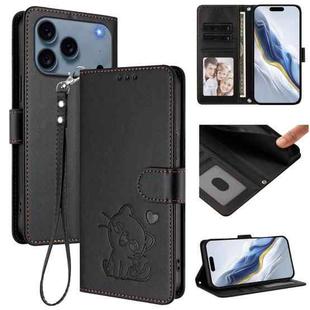 For iPhone 17 Pro Max Embossed Heart Cat Leather Phone Case with Strap(Black)