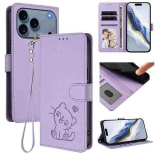 For iPhone 17 Pro Embossed Heart Cat Leather Phone Case with Strap(Light Purple)
