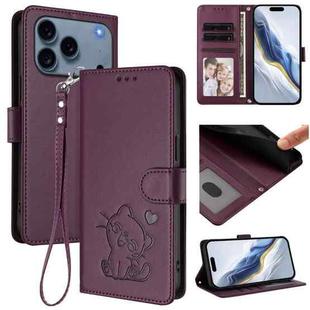For iPhone 17 Pro Embossed Heart Cat Leather Phone Case with Strap(Dark Purple)