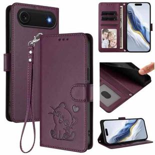 For iPhone 17 Air Embossed Heart Cat Leather Phone Case with Strap(Dark Purple)