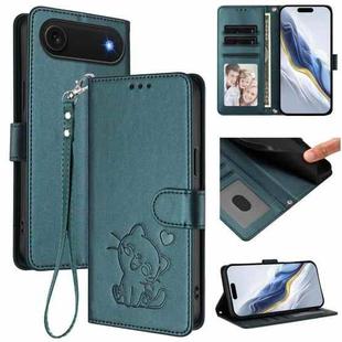 For iPhone 17 Air Embossed Heart Cat Leather Phone Case with Hand Strap(Dark Green)