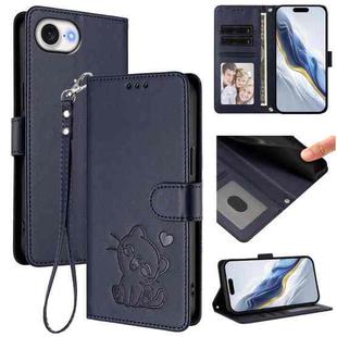 For iPhone 16e Embossed Heart Cat Leather Phone Case with Hand Strap(Blue)