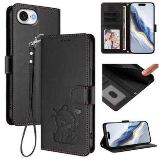 For iPhone 16e Embossed Heart Cat Leather Phone Case with Strap(Black)