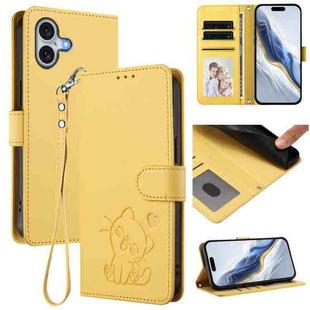 For iPhone 16 Embossed Heart Cat Leather Phone Case with Hand Strap(Yellow)