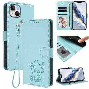 For iPhone 15 Embossed Heart Cat Leather Phone Case with Hand Strap(Mint Green)