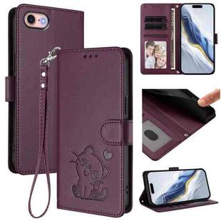 For iPhone 7 / 8 / SE 2022 Embossed Heart Cat Leather Phone Case with Strap(Dark Purple)