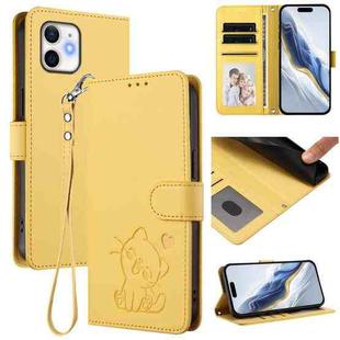 For iPhone 12 / 12 Pro Embossed Heart Cat Leather Phone Case with Hand Strap(Yellow)