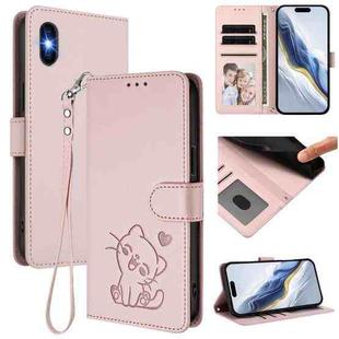 For iPhone XS Max Embossed Heart Cat Leather Phone Case with Strap(Pink)