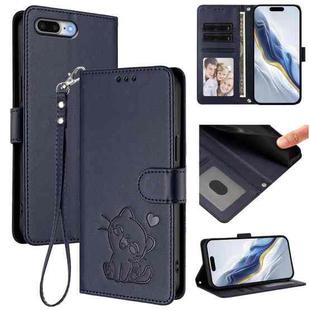 For iPhone 7 Plus / 8 Plus Embossed Heart Cat Leather Phone Case with Strap(Blue)